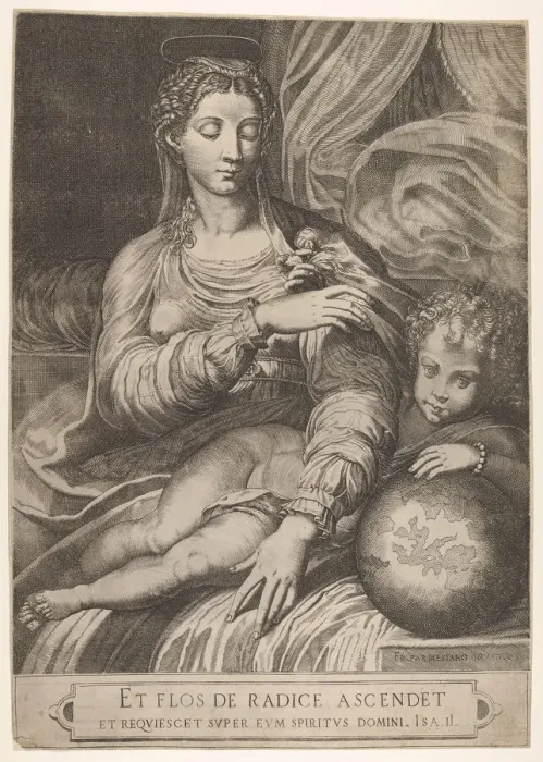 Framed Print : Madonna of the Rose, she reaches for a rose held by the Christ child, who rests his lef Framed Print : Madonna of the Rose, she reaches for a rose held by the Christ child, who rests his lef