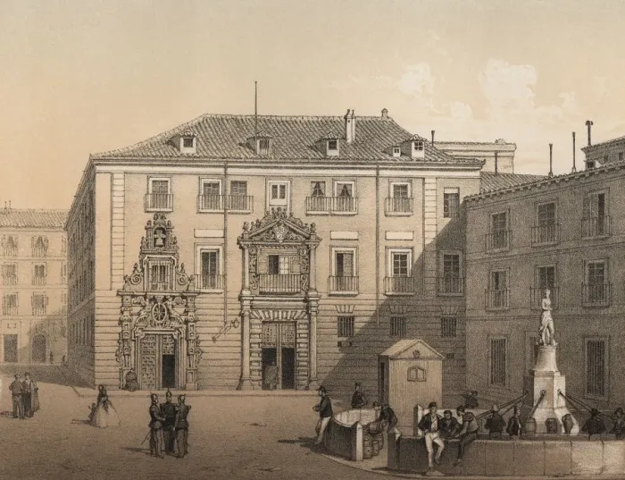 Framed Print : Madrid, building of the Monte de Piedad and Savings Bank in 1842, engraving 1870 Framed Print : Madrid, building of the Monte de Piedad and Savings Bank in 1842, engraving 1870