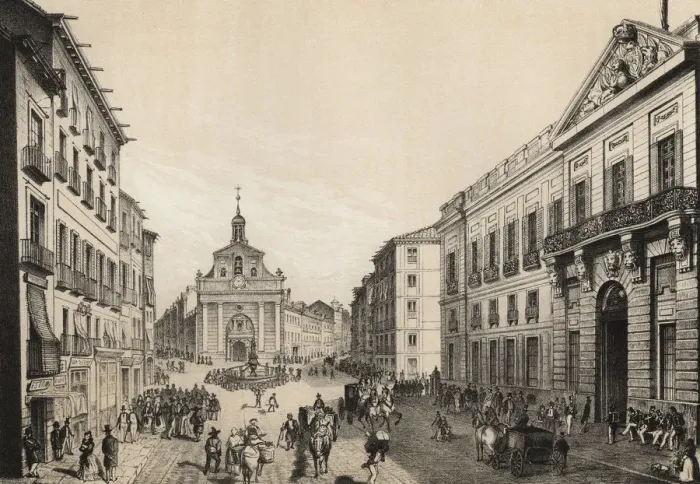 Framed Print : Madrid, Puerta del Sol in 1842, engraving 1870 Framed Print : Madrid, Puerta del Sol in 1842, engraving 1870