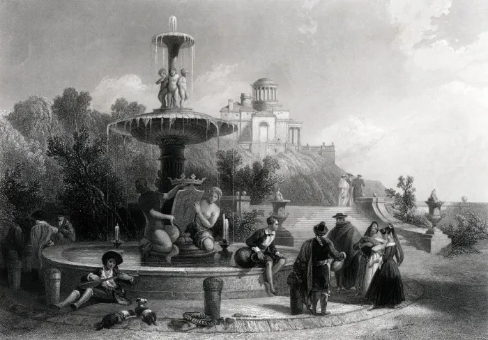 Framed Print : Madrid, scene and fountain with people walking, English engraving from 1880 Framed Print : Madrid, scene and fountain with people walking, English engraving from 1880