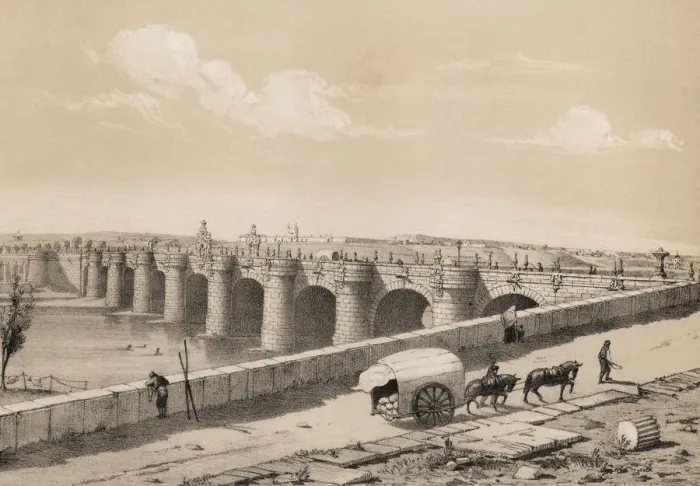 Framed Print : Madrid, Toledo bridge on the river Manzanares in 1842, Baroque (churrigueresco) Framed Print : Madrid, Toledo bridge on the river Manzanares in 1842, Baroque (churrigueresco)