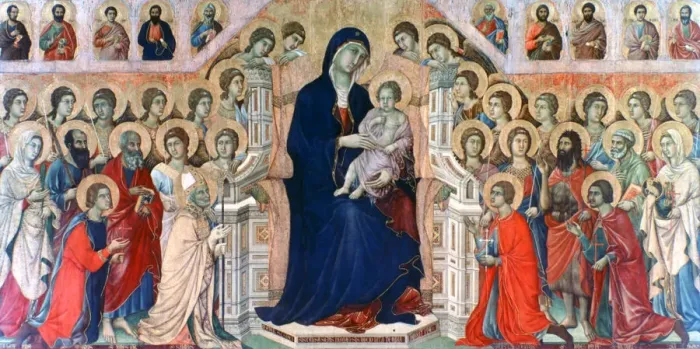Framed Print : Maesta, (Madonna with Angels and Saints), 1308-1311. Artist: Duccio di Buoninsegna Framed Print : Maesta, (Madonna with Angels and Saints), 1308-1311. Artist: Duccio di Buoninsegna