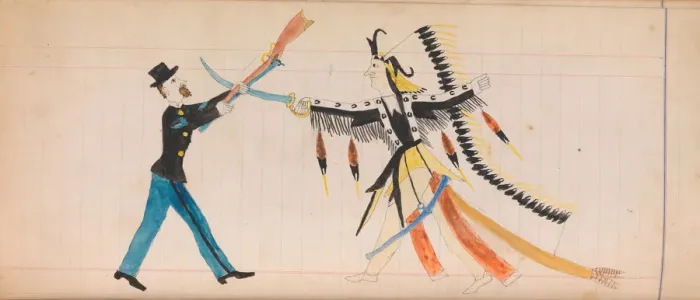 Framed Print : Maffet Ledger: Indian chief and soldier, ca. 1874-81. Creator: Unknown Framed Print : Maffet Ledger: Indian chief and soldier, ca. 1874-81. Creator: Unknown