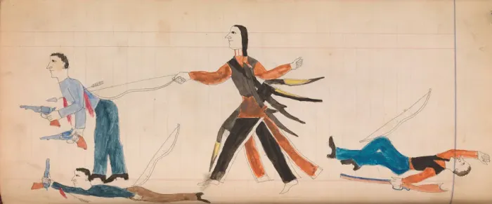 Framed Print : Maffet Ledger: Indian and three white men, ca. 1874-81. Creator: Unknown