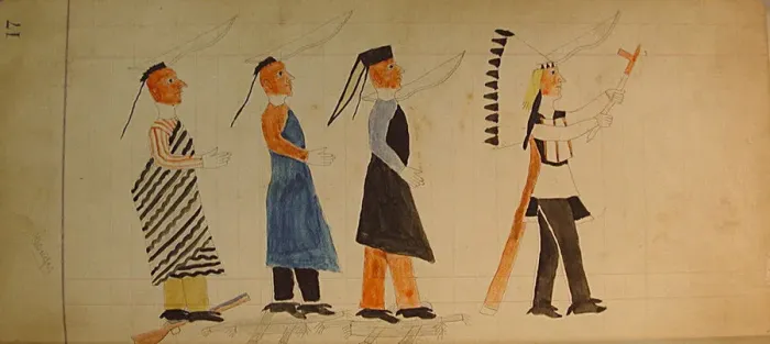 Framed Print : Maffet Ledger: Three indians following a chief, ca. 1874-81. Creator: Unknown Framed Print : Maffet Ledger: Three indians following a chief, ca. 1874-81. Creator: Unknown