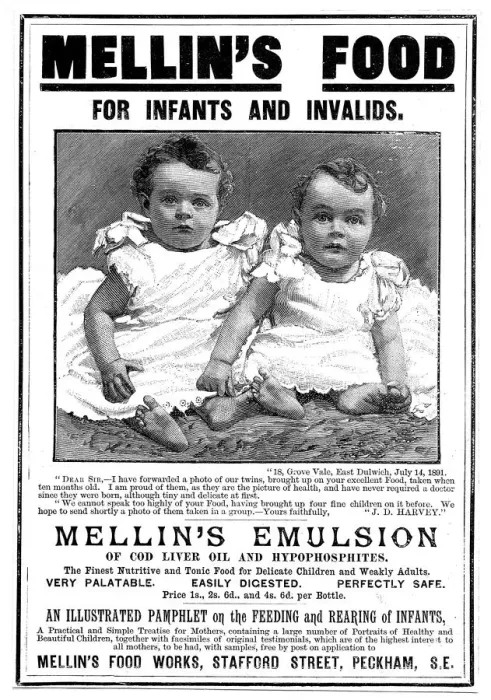 Framed Print : Magazine advertisement for Mellins Emulsion, a food supplement based on cod liver oil, c1890 Framed Print : Magazine advertisement for Mellins Emulsion, a food supplement based on cod liver oil, c1890
