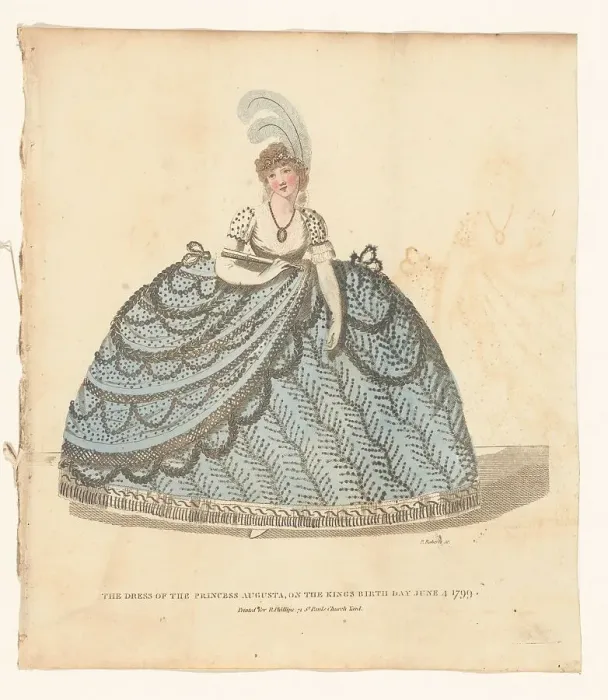 Framed Print : Magazine of Female Fashions of London and Paris. The dress of the Princess Augusta, on the... 1799. Creator: Piercy Roberts Framed Print : Magazine of Female Fashions of London and Paris. The dress of the Princess Augusta, on the... 1799. Creator: Piercy Roberts