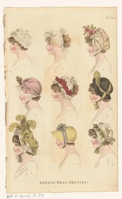 Framed Print : Magazine of Female Fashions of London and Paris, No.31.2, London Head Dresses, 1798-1806. Creator: Unknown Framed Print : Magazine of Female Fashions of London and Paris, No.31.2, London Head Dresses, 1798-1806. Creator: Unknown