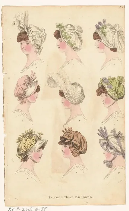 Framed Print : Magazine of Female Fashions of London and Paris, No. ?: London Head Dresses, 1798-1806. Creator: Unknown Framed Print : Magazine of Female Fashions of London and Paris, No. ?: London Head Dresses, 1798-1806. Creator: Unknown
