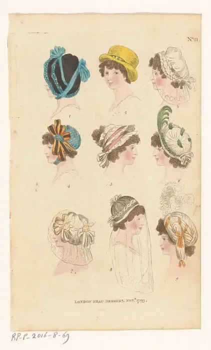 Framed Print : Magazine of Female Fashions of London and Paris, No. 21: London Head Dresses, Nov. 1799, 1799. Creator: Unknown Framed Print : Magazine of Female Fashions of London and Paris, No. 21: London Head Dresses, Nov. 1799, 1799. Creator: Unknown