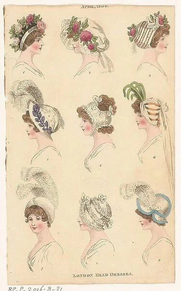 Magazine of Female Fashions of London and Paris, April 1800, London Head Dresses, 1800. Creator: Unknown