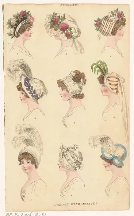 Framed Print : Magazine of Female Fashions of London and Paris, April 1800, London Head Dresses, 1800. Creator: Unknown Framed Print : Magazine of Female Fashions of London and Paris, April 1800, London Head Dresses, 1800. Creator: Unknown