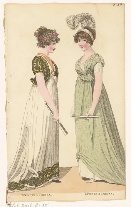 Framed Print : Magazine of Female Fashions of London and Paris, No. 28: Morning Dress; Evening Dress. 1798-1806. Creator: Unknown Framed Print : Magazine of Female Fashions of London and Paris, No. 28: Morning Dress; Evening Dress. 1798-1806. Creator: Unknown