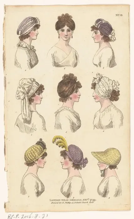 Framed Print : Magazine of Female Fashions of London and Paris. No. 19: London head dresses, Sept. 1799, 1799. Creator: Unknown Framed Print : Magazine of Female Fashions of London and Paris. No. 19: London head dresses, Sept. 1799, 1799. Creator: Unknown
