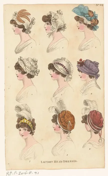 Framed Print : Magazine of Female Fashions of London and Paris, No.34. (?). London Head Dresses, 1798-1806. Creator: Unknown Framed Print : Magazine of Female Fashions of London and Paris, No.34. (?). London Head Dresses, 1798-1806. Creator: Unknown