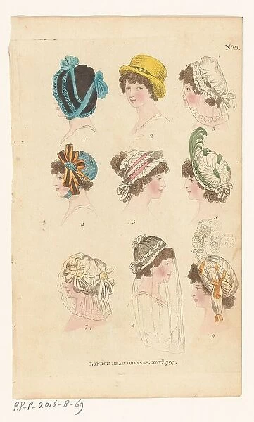 Magazine of Female Fashions of London and Paris, No. 21: London Head Dresses, Nov. 1799, 1799. Creator: Unknown