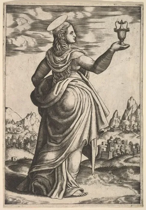 Framed Print : The Magdalene standing facing right, jar held in her raised right hand, 1530-60 Framed Print : The Magdalene standing facing right, jar held in her raised right hand, 1530-60