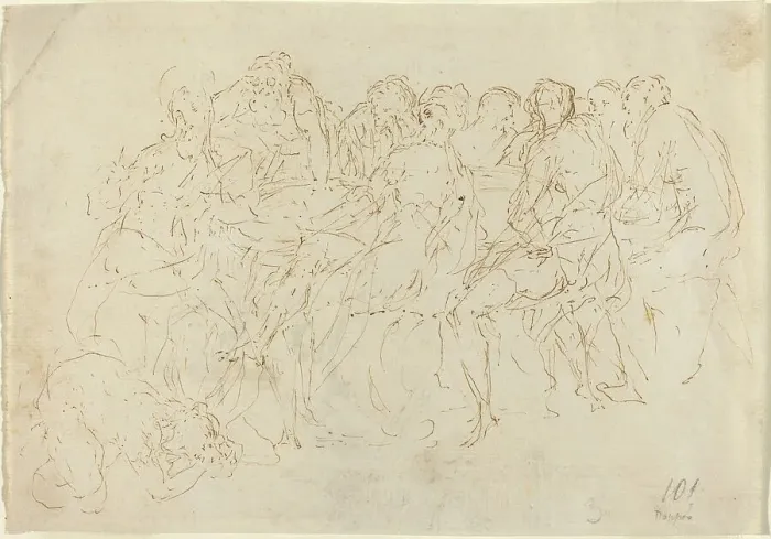 Framed Print : Magdalene Washing the Feet of Christ with Eight Disciples Looking On [recto]. Creator: Donato Creti