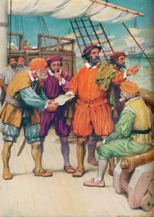 Framed Print : Magellan Consults with his Navigators, c1925. Artist: Arthur Percy Dixon Framed Print : Magellan Consults with his Navigators, c1925. Artist: Arthur Percy Dixon