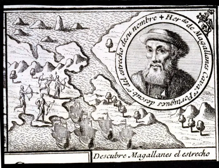 Framed Print : Magellan discovers the Strait, engraving from 1726, Ferdinand Magellan (1480-1521) Framed Print : Magellan discovers the Strait, engraving from 1726, Ferdinand Magellan (1480-1521)
