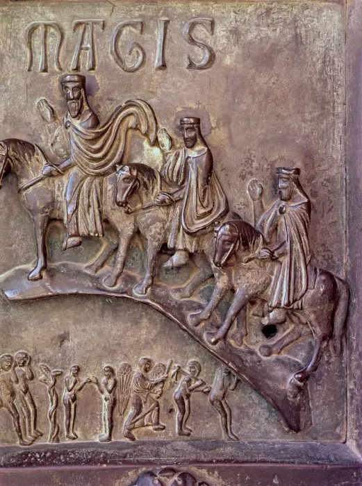 Framed Print : The Magi. Bronze relief at the south gate of the transept of Pisa Cathedral, designed Framed Print : The Magi. Bronze relief at the south gate of the transept of Pisa Cathedral, designed