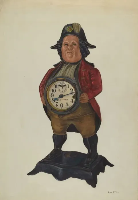 Framed Print : Magic Lamp Clock in 18th Century Figure, c. 1940. Creator: George File Framed Print : Magic Lamp Clock in 18th Century Figure, c. 1940. Creator: George File