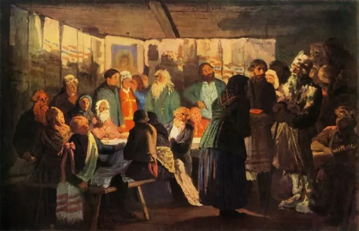 Framed Print : The Magician Arrives at the Village Wedding, 1874, (1965). Creator: Vasily Maksimov Framed Print : The Magician Arrives at the Village Wedding, 1874, (1965). Creator: Vasily Maksimov
