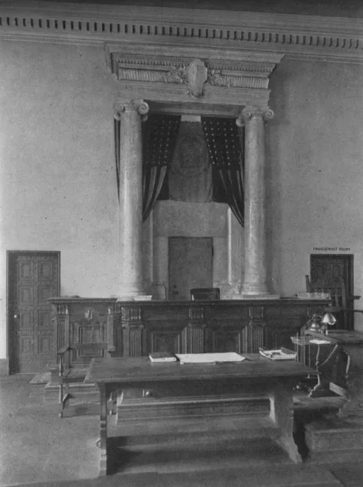 Framed Print : Magistrates desk in the court room, Third District Court, New York City, 1924 Framed Print : Magistrates desk in the court room, Third District Court, New York City, 1924