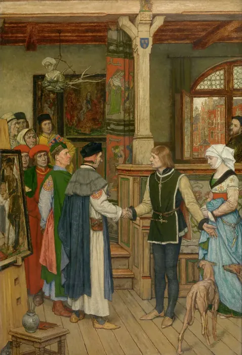 Framed Print : The Magistrates Visit the Studio of Jan van Eyck, 1889. Creator: Albrecht De Vriendt Framed Print : The Magistrates Visit the Studio of Jan van Eyck, 1889. Creator: Albrecht De Vriendt