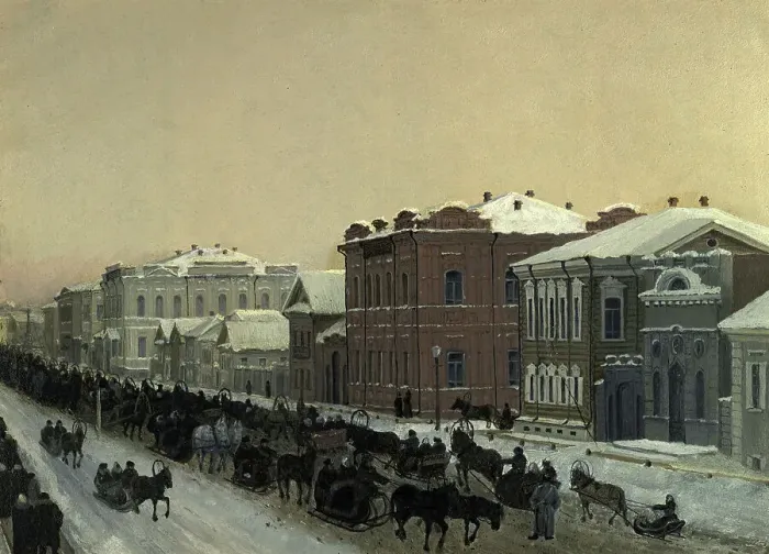 Framed Print : Magistratskaia Street at Shrove-Tide in 1897, 1897. Creator: Pavel Mikhailovich Kosharov Framed Print : Magistratskaia Street at Shrove-Tide in 1897, 1897. Creator: Pavel Mikhailovich Kosharov