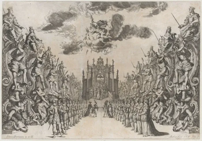 Framed Print : Magnificent Hall of Astrea; men and women gathered in the street to view a procession thro... 1678. Creator: Mathaus Küsel Framed Print : Magnificent Hall of Astrea; men and women gathered in the street to view a procession thro... 1678. Creator: Mathaus Küsel