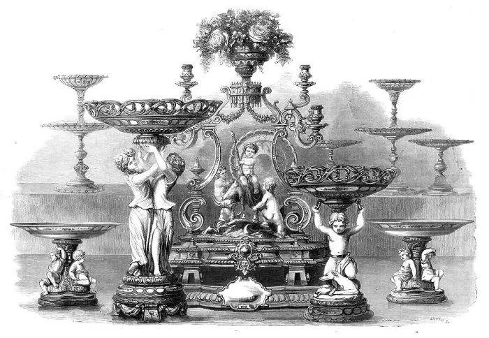 Framed Print : Magnificent service of silver plate and dessert service recently presented to Sir Samuel... 1860. Creator: Smyth Framed Print : Magnificent service of silver plate and dessert service recently presented to Sir Samuel... 1860. Creator: Smyth