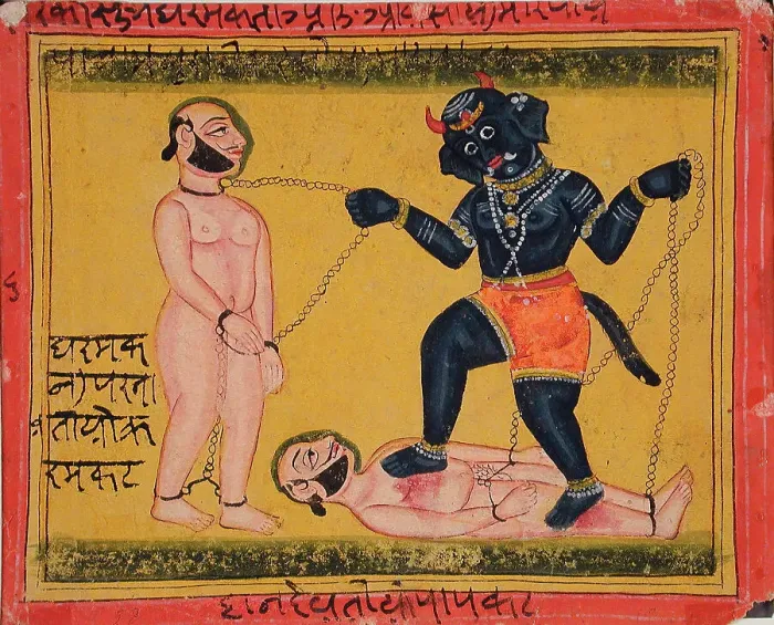 Framed Print : Mahakala with Two Chained Men (recto), 19th century. Creator: Unknown Framed Print : Mahakala with Two Chained Men (recto), 19th century. Creator: Unknown