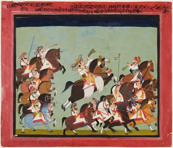 Framed Print : Maharaja Balwant Singh of Ratlam in procession with his relatives and courtiers, 1825 Framed Print : Maharaja Balwant Singh of Ratlam in procession with his relatives and courtiers, 1825