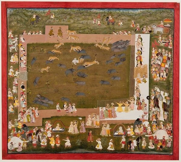 Maharaja Sangram Singh and his court observe a fight between tigers and boars at Sadri, c