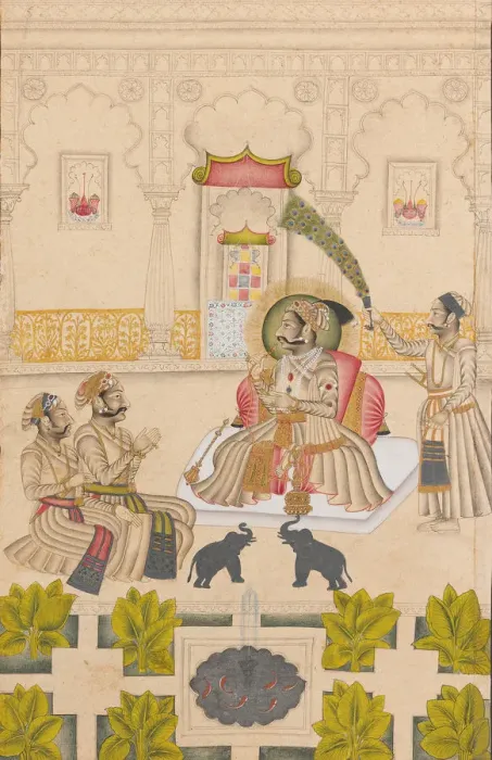Framed Print : Maharana Amar Singh II Is Shown Two Silver Elephants, ca. 1705. Creator: Stipple Master Framed Print : Maharana Amar Singh II Is Shown Two Silver Elephants, ca. 1705. Creator: Stipple Master