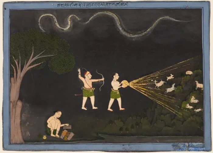 Framed Print : Maharana Jagat Singh dressed as a Bhil, hunting deer at night, c. 1735-40. Creator: Unknown Framed Print : Maharana Jagat Singh dressed as a Bhil, hunting deer at night, c. 1735-40. Creator: Unknown