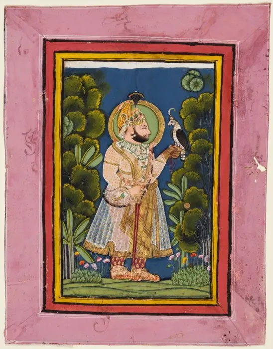 Framed Print : Maharana Jawan Singh (r. 1828-38) in a forest holding a hawk, c. 1835. Creator: Ghasi (Indian Framed Print : Maharana Jawan Singh (r. 1828-38) in a forest holding a hawk, c. 1835. Creator: Ghasi (Indian