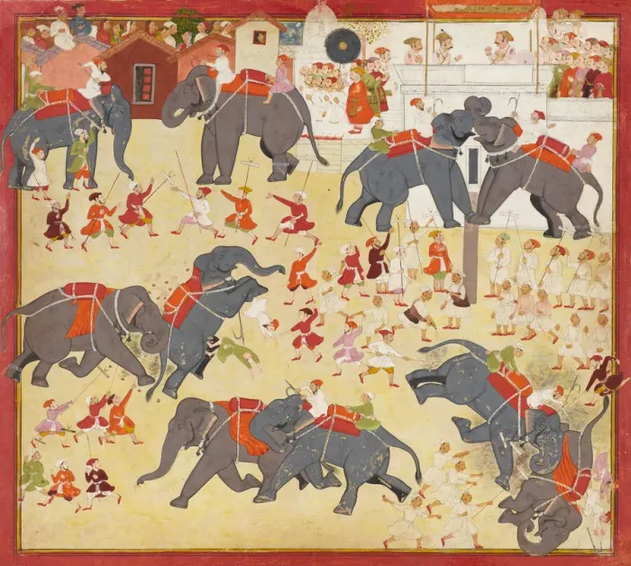 Framed Print : Maharana Raj Singh observing an elephant fight, ca. 1670-1675. Creator: Unknown Framed Print : Maharana Raj Singh observing an elephant fight, ca. 1670-1675. Creator: Unknown