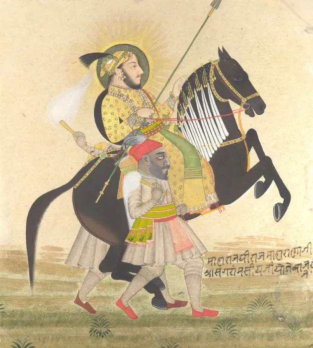 Framed Print : Maharana Sangram Singh Riding a Prize Stallion, ca. 1712. Creator: Stipple Master (Indian Framed Print : Maharana Sangram Singh Riding a Prize Stallion, ca. 1712. Creator: Stipple Master (Indian