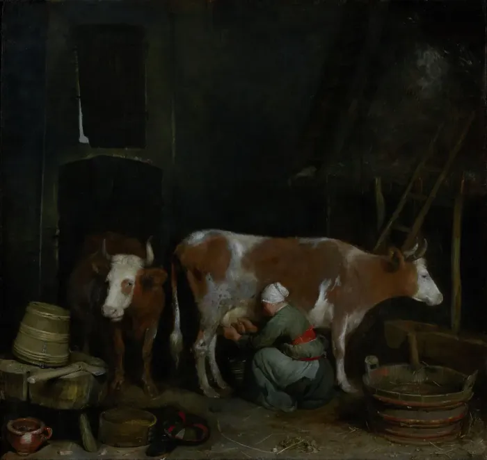 Framed Print : A Maid Milking a Cow in a Barn, about 1652-1654. Creator: Gerard Terborch II Framed Print : A Maid Milking a Cow in a Barn, about 1652-1654. Creator: Gerard Terborch II