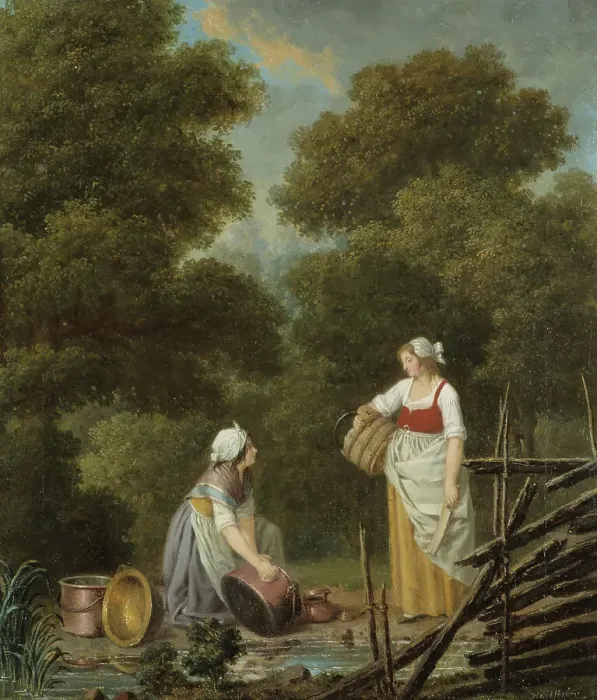 Framed Print : Two Maid-Servants at a Brook, mid-18th-early 19th century. Creator: Per Hillestrom