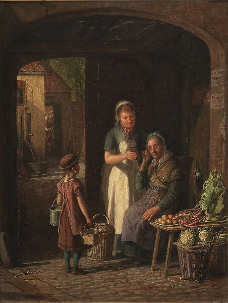 A maid shows her lover's portrait to a vegetable-seller, 1880. Creator: David Monies