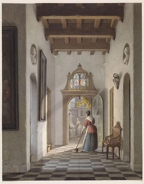 Maid sweeping the hallway of a house, 1837. Creator: Louis Henri de Fontenay