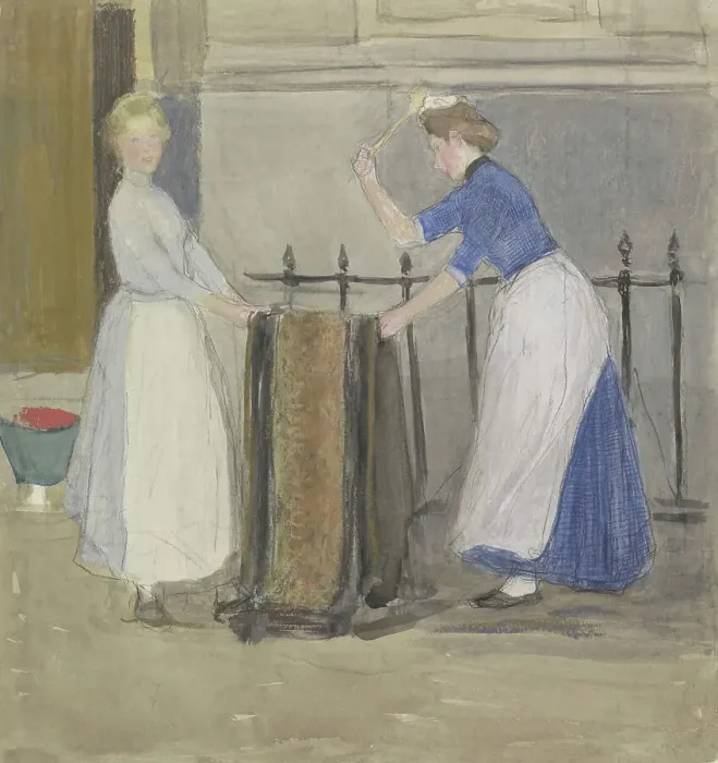 Framed Print : Two maids airing a mat in front of a town hall, 1874-1927. Creator: Johan Antonie de Jonge Framed Print : Two maids airing a mat in front of a town hall, 1874-1927. Creator: Johan Antonie de Jonge