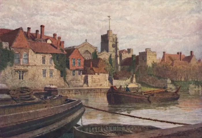 Framed Print : Maidstone. Back of the Ancient Palace, The Church and Old College from across the Medway, c1900. Artist: William Biscombe Gardner Framed Print : Maidstone. Back of the Ancient Palace, The Church and Old College from across the Medway, c1900. Artist: William Biscombe Gardner