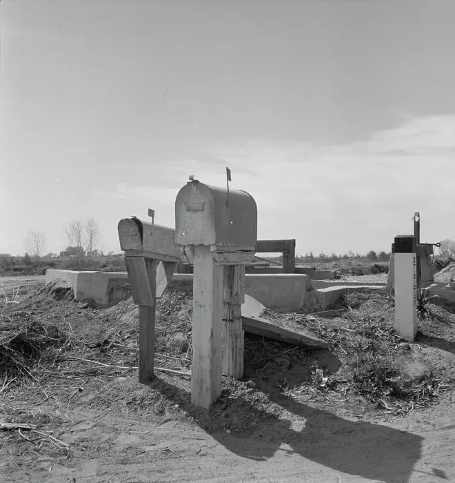 Framed Print : Mail boxes and irrigation gates, Imperial Valley, California, 1937. Creator: Dorothea Lange Framed Print : Mail boxes and irrigation gates, Imperial Valley, California, 1937. Creator: Dorothea Lange