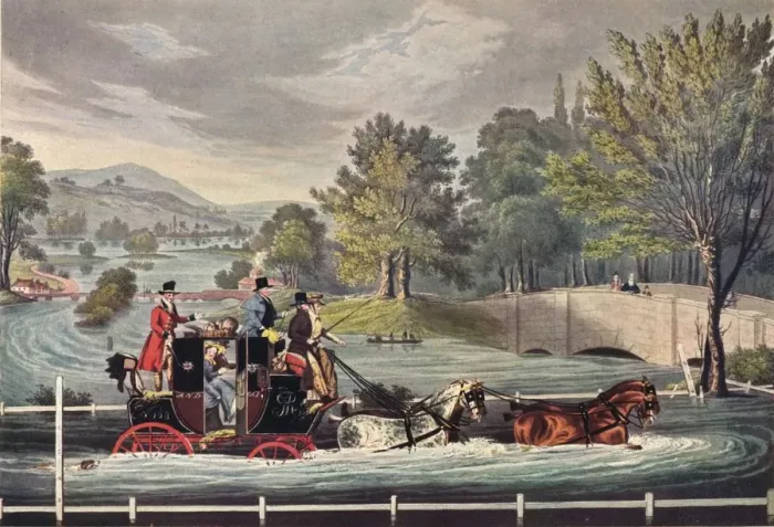 Framed Print : Mail Coach in a Flood, c1827, (1904). Artist: F Rosenbourg Framed Print : Mail Coach in a Flood, c1827, (1904). Artist: F Rosenbourg