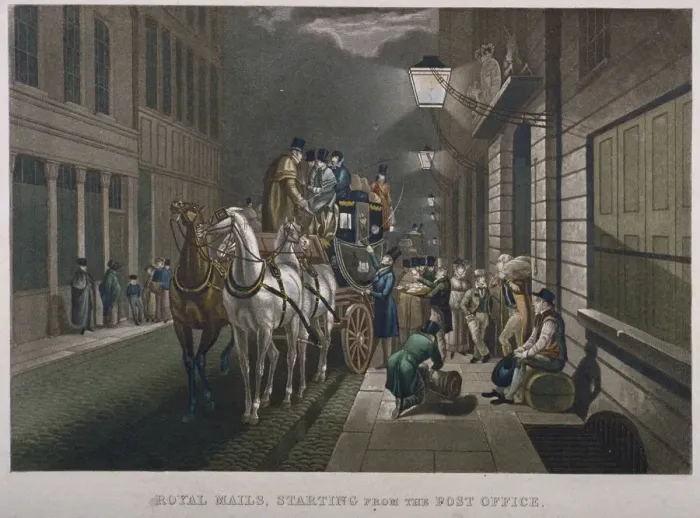 Framed Print : Mail coach outside the General Post Office, Lombard Street, City of London, 1827 Framed Print : Mail coach outside the General Post Office, Lombard Street, City of London, 1827