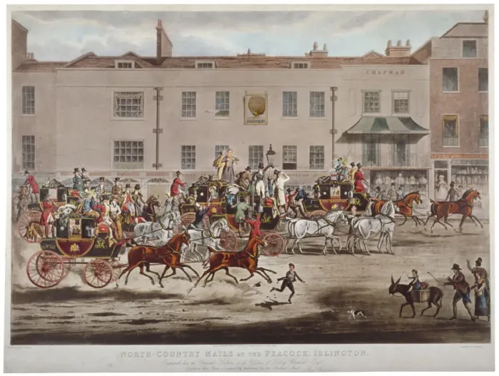 Framed Print : Mail coaches in front of the Peacock Inn on Islington High Street, London, 1823 Framed Print : Mail coaches in front of the Peacock Inn on Islington High Street, London, 1823